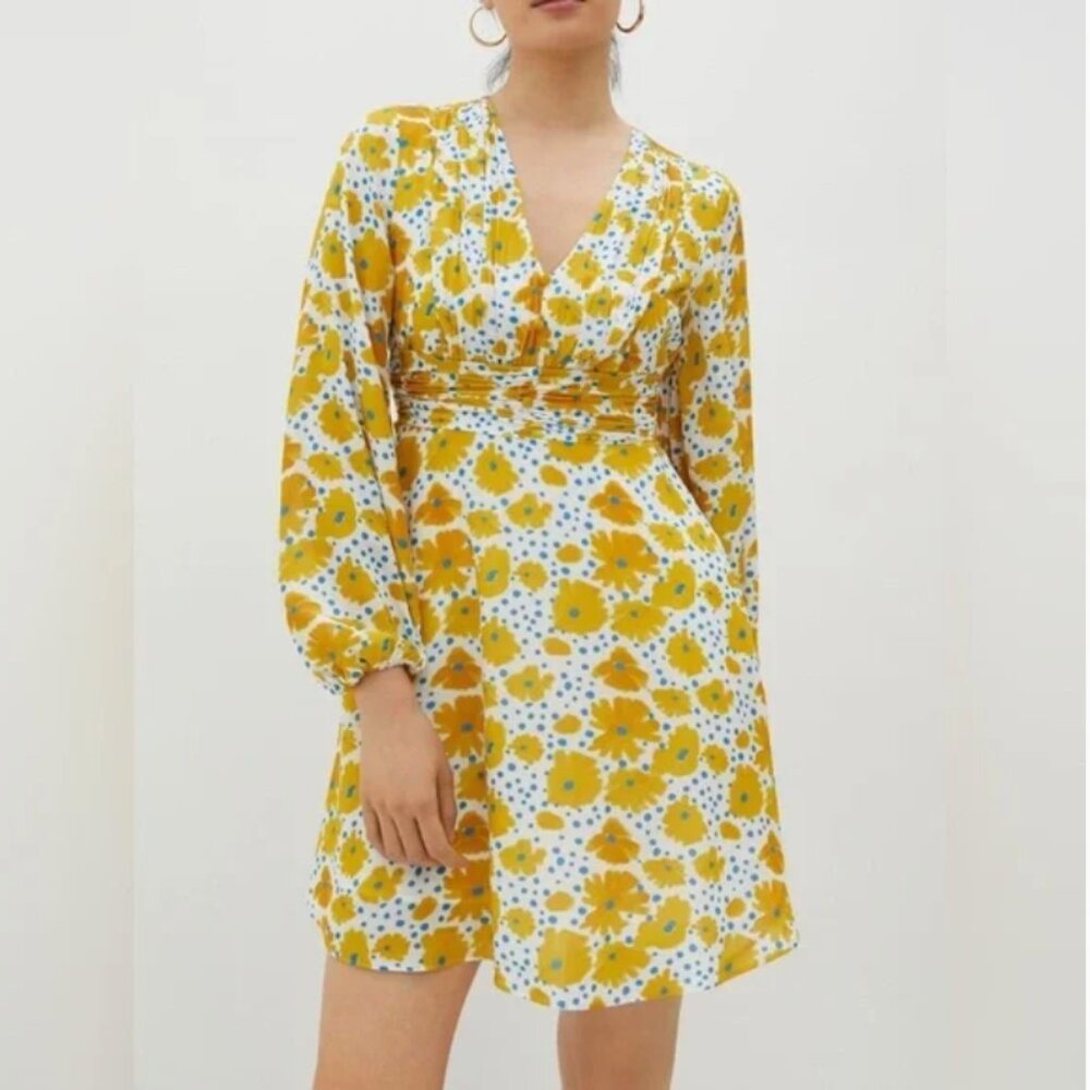ANTHROPOLOGIE Floral Long Sleeve Mini Dress Yellow White Blue Floral, Size XS